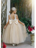 Beaded Straps Ivory Lace Champagne Tulle V Back Flower Girl Dress